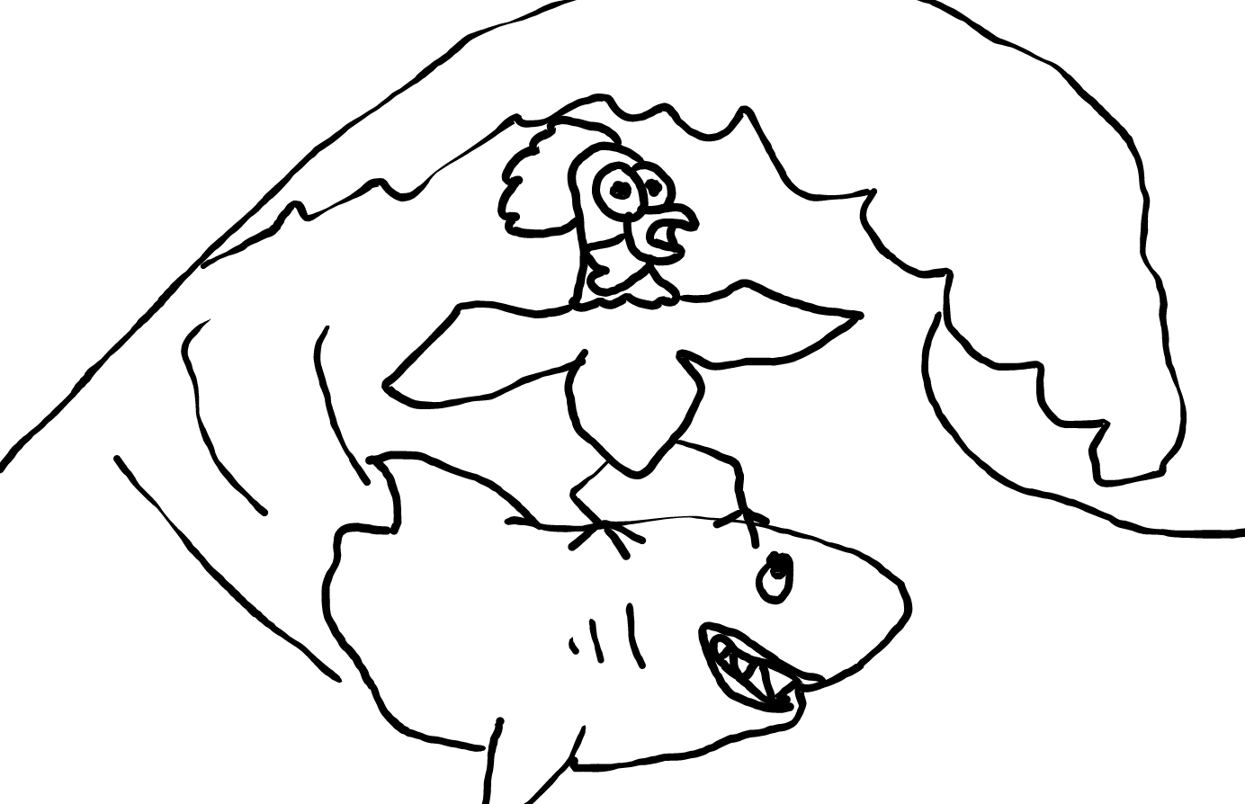 Picture of chicken surfing shark cartoon.