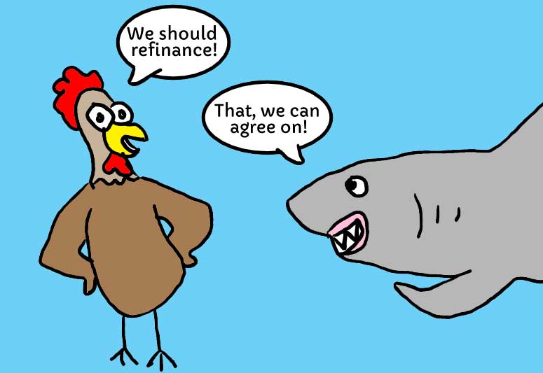 Picture of chicken and shark cartoon.